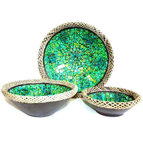 1x Set of Three Rattan Mosaic Bowls - Golden Green